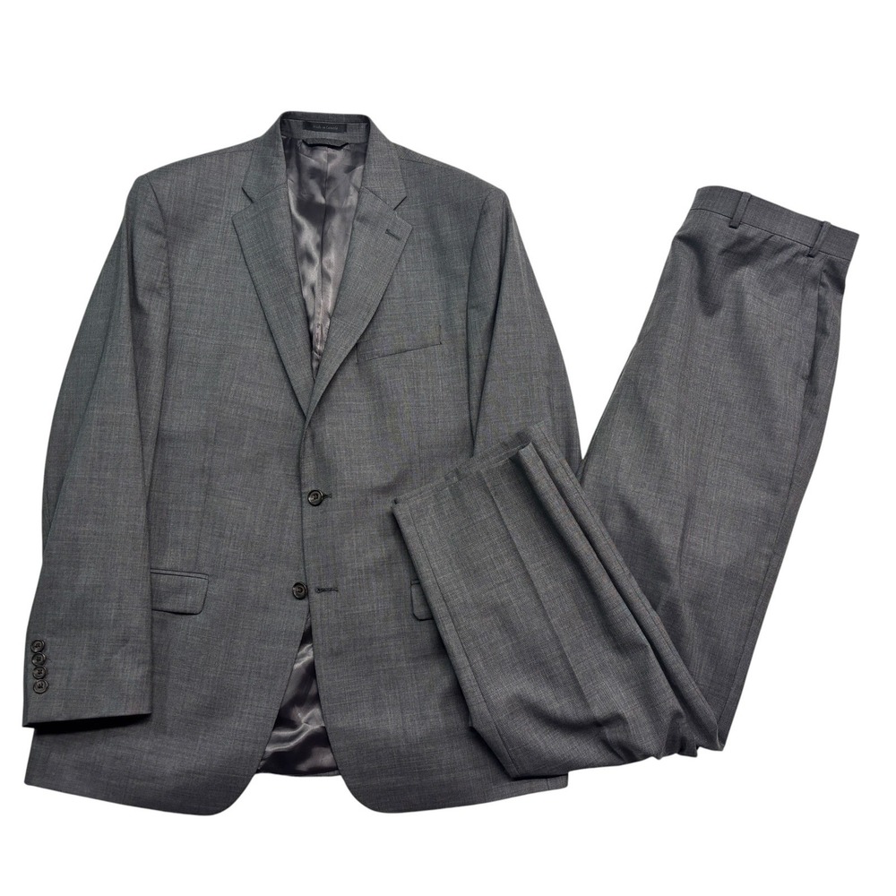 Ralph Lauren 44L 36x34 Gray Sharkskin 2pc Pant Suit Flat Front 100% Wool Mens